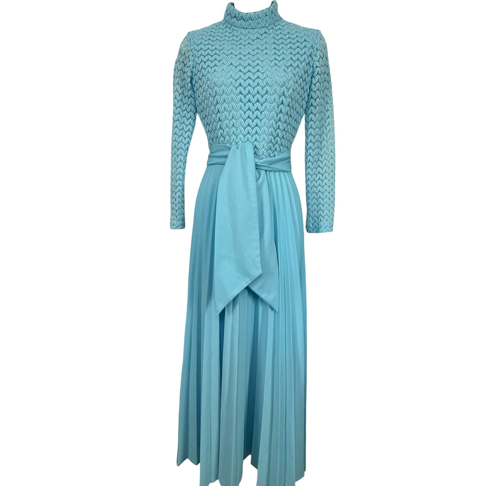 Vintage 1970s Blue Pleated Long Sheer Sleeve Maxi Dress & Belt High Neck sz 4